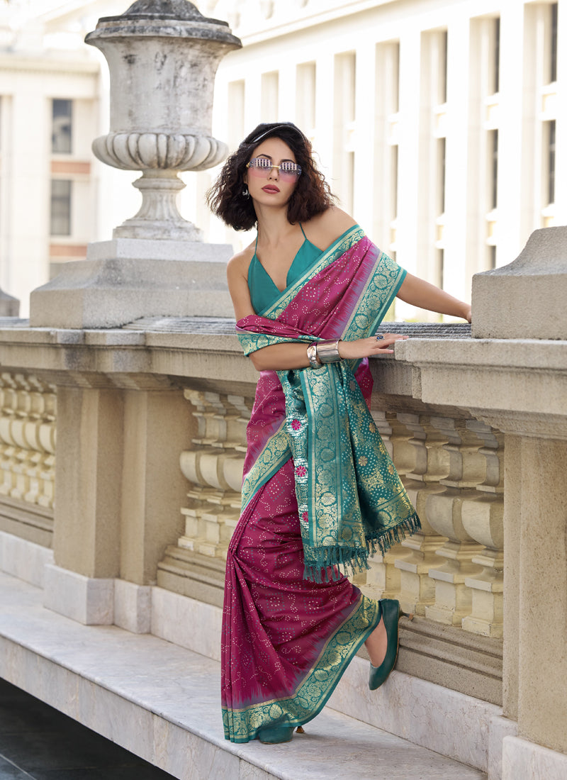 Rani Pink & Peacock Green Soft Silk Bandhani Print Beautiful Border Saree