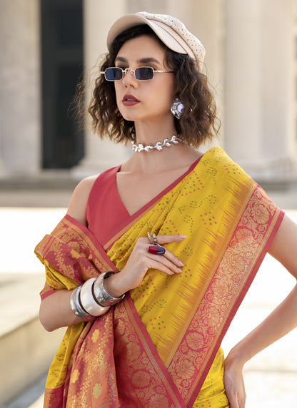 Mustard & Red Soft Silk Bandhani Print Beautiful Border Saree