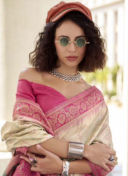 Off-White & Pink Soft Silk Bandhani Print Beautiful Border Saree