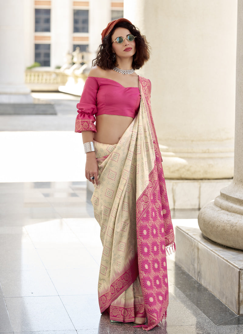 Off-White & Pink Soft Silk Bandhani Print Beautiful Border Saree