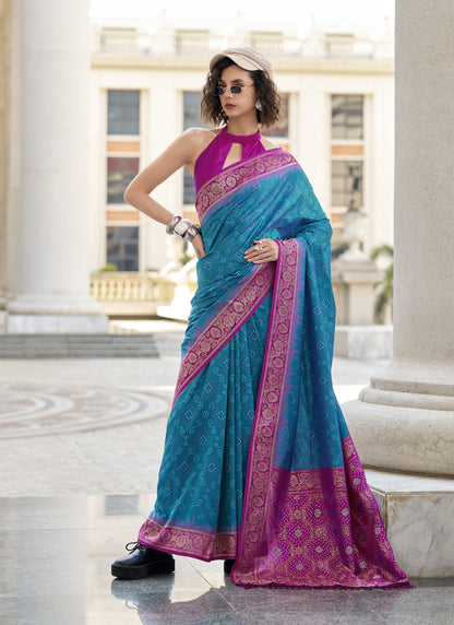 Sky Blue & Magenta Soft Silk Bandhani Print Beautiful Border Saree