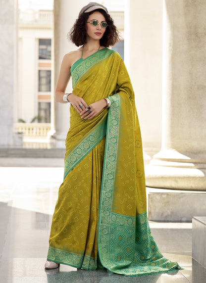 Olive & Green Soft Silk Bandhani Print Beautiful Border Saree
