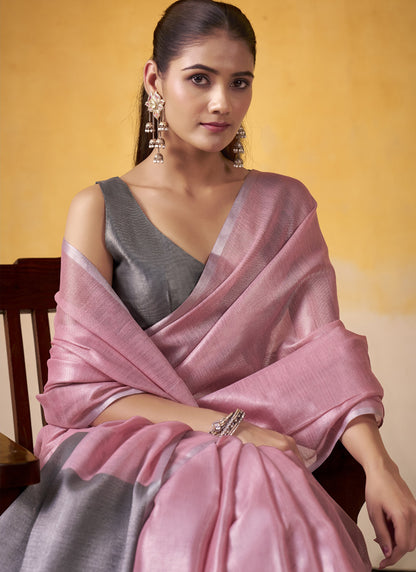 Onion Pink Tissue Silk With Beautiful Tussle On Pallu Casual & Office Wear Saree