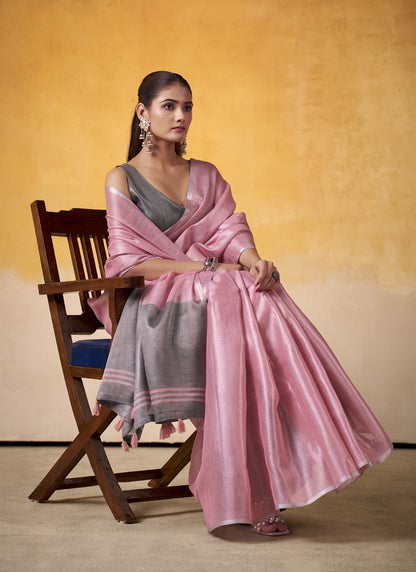 Onion Pink Tissue Silk With Beautiful Tussle On Pallu Casual & Office Wear Saree