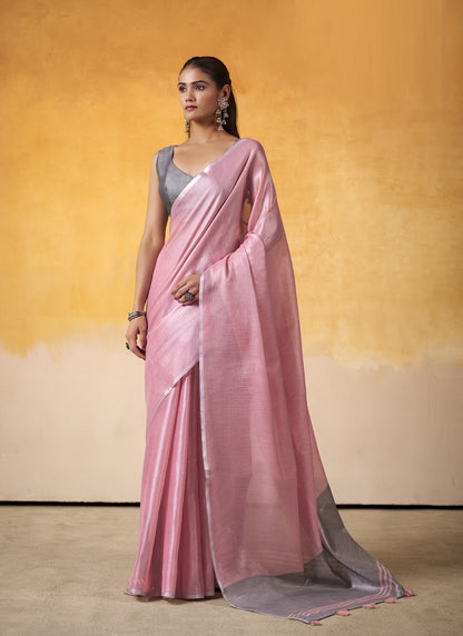 Onion Pink Tissue Silk With Beautiful Tussle On Pallu Casual & Office Wear Saree