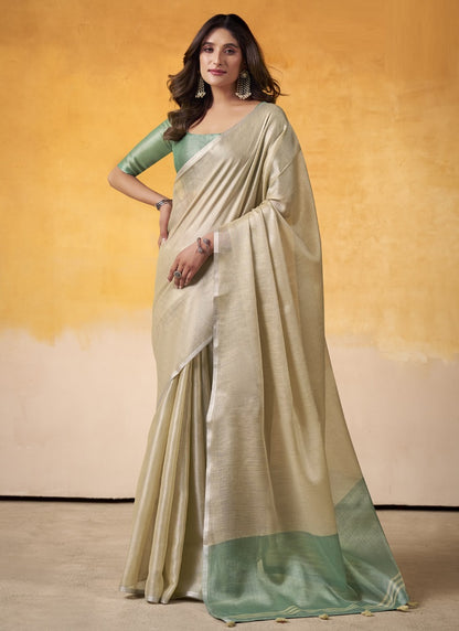 Beige Tissue Silk With Beautiful Tussle On Pallu Casual & Office Wear Saree
