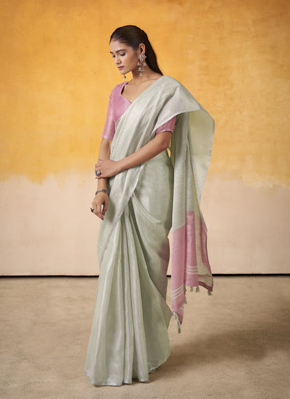 Off-White Tissue Silk With Beautiful Tussle On Pallu Casual & Office Wear Saree