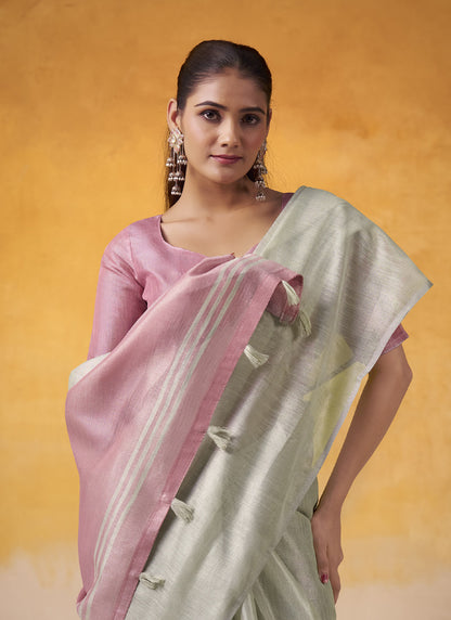 Off-White Tissue Silk With Beautiful Tussle On Pallu Casual & Office Wear Saree