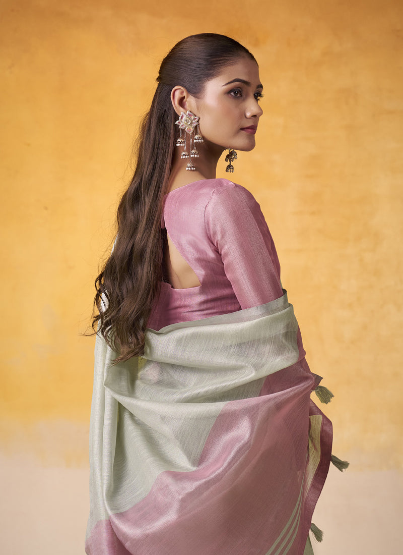 Off-White Tissue Silk With Beautiful Tussle On Pallu Casual & Office Wear Saree