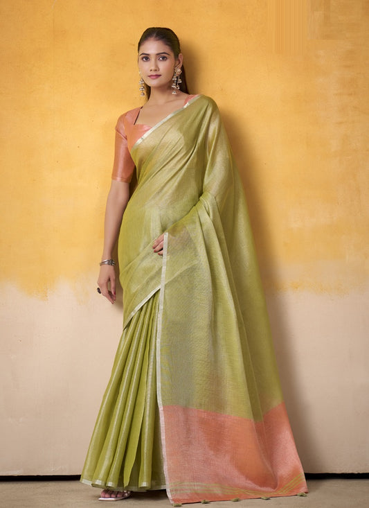 Olive Tissue Silk With Beautiful Tussle On Pallu Casual & Office Wear Saree