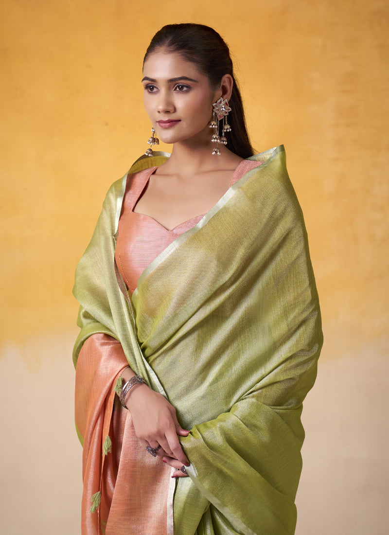 Olive Tissue Silk With Beautiful Tussle On Pallu Casual & Office Wear Saree