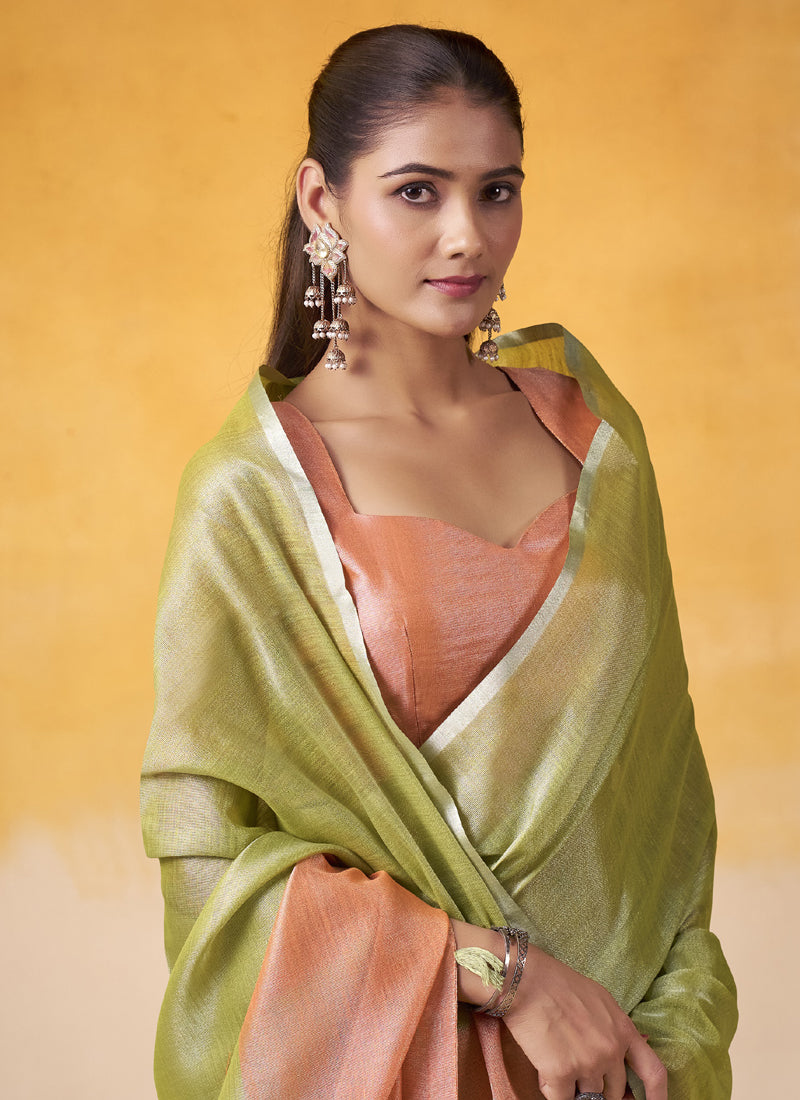 Olive Tissue Silk With Beautiful Tussle On Pallu Casual & Office Wear Saree