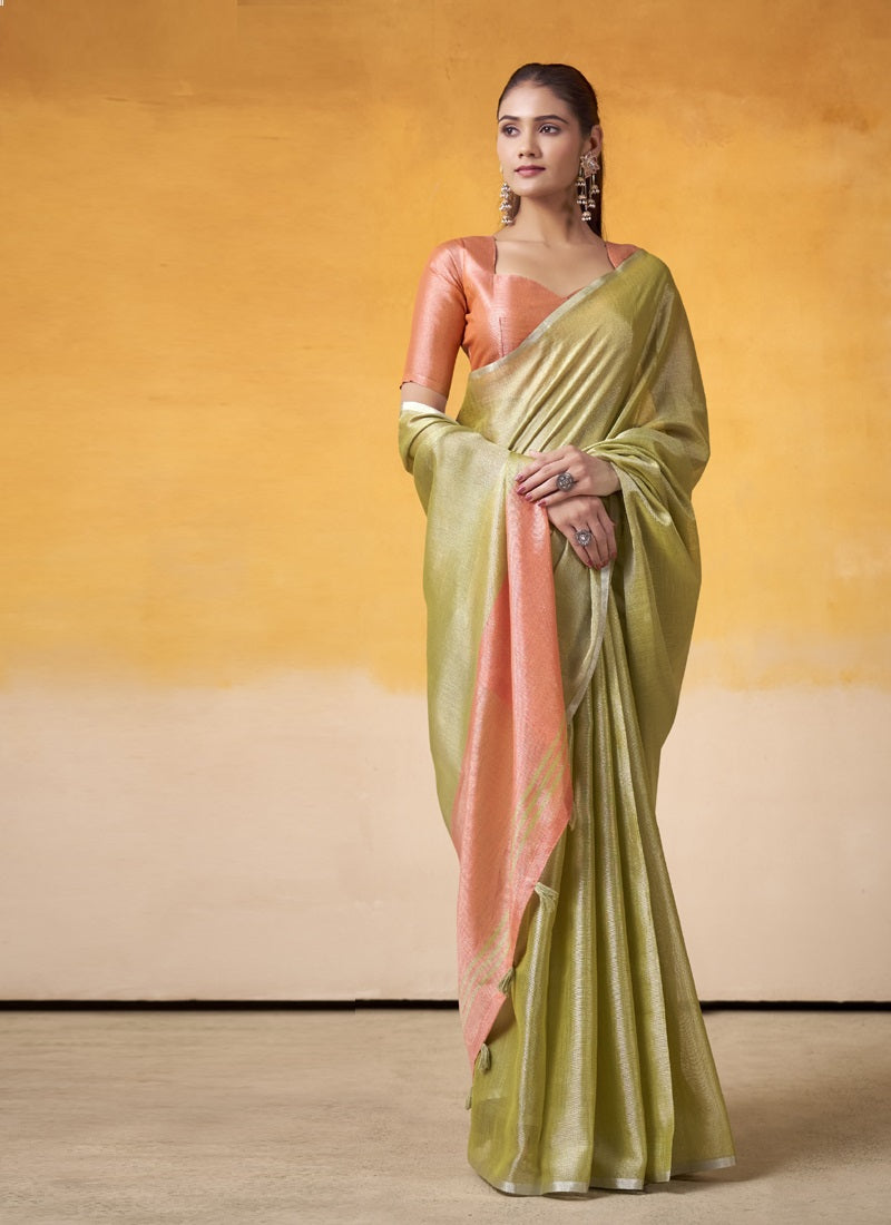 Olive Tissue Silk With Beautiful Tussle On Pallu Casual & Office Wear Saree