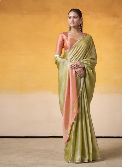 Olive Tissue Silk With Beautiful Tussle On Pallu Casual & Office Wear Saree