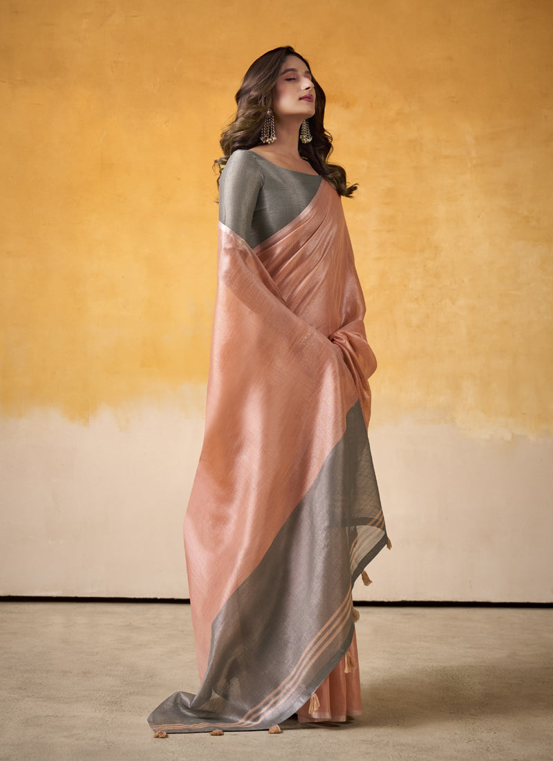 Peach Tissue Silk With Beautiful Tussle On Pallu Casual & Office Wear Saree