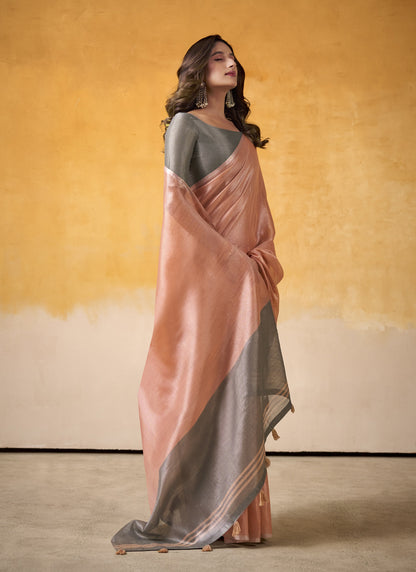 Peach Tissue Silk With Beautiful Tussle On Pallu Casual & Office Wear Saree