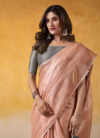 Peach Tissue Silk With Beautiful Tussle On Pallu Casual & Office Wear Saree