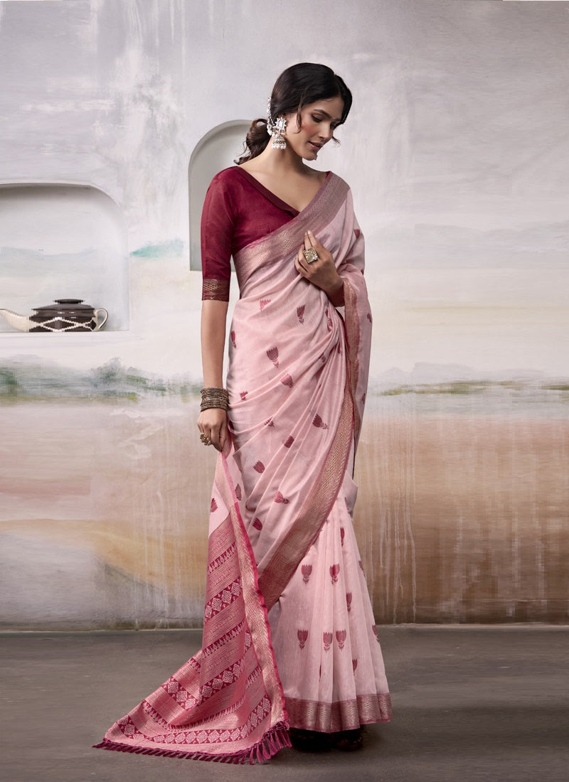 Light Red & Maroon Cotton Weaving Zari Border Casual Wear Saree
