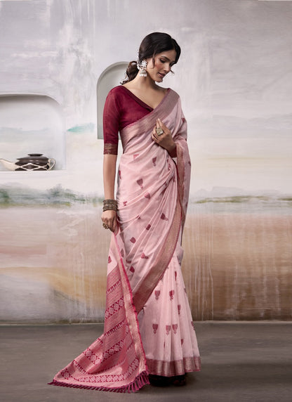 Light Red & Maroon Cotton Weaving Zari Border Casual Wear Saree