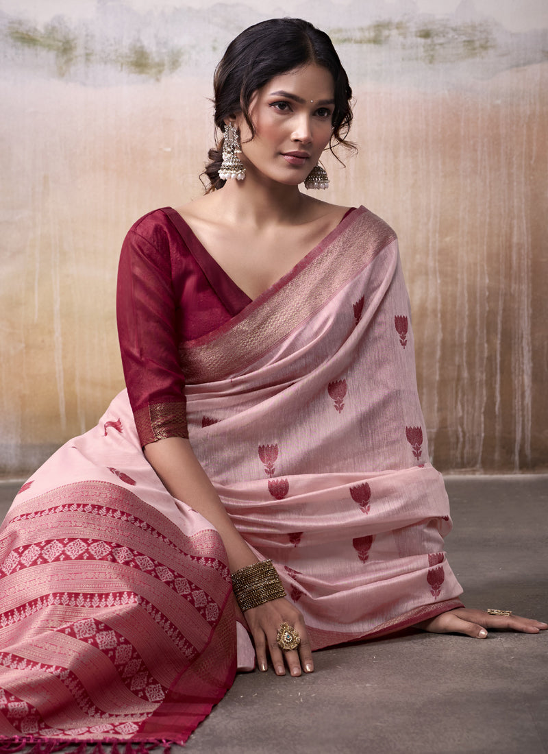 Light Red & Maroon Cotton Weaving Zari Border Casual Wear Saree