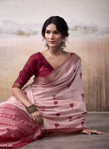 Light Red & Maroon Cotton Weaving Zari Border Casual Wear Saree