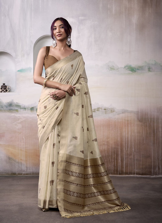 Beige & Brown Cotton Weaving Zari Border Casual Wear Saree