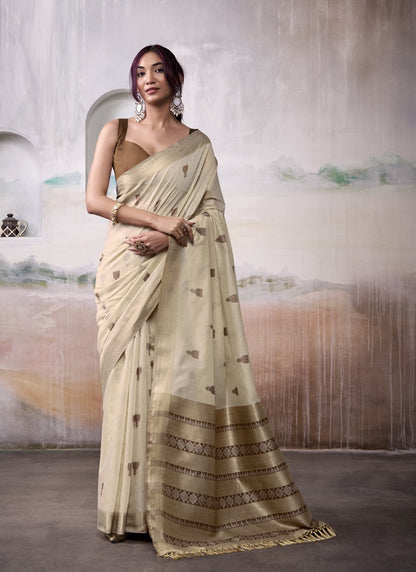 Beige & Brown Cotton Weaving Zari Border Casual Wear Saree
