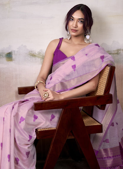 Light Pink & Purple Cotton Weaving Zari Border Casual Wear Saree