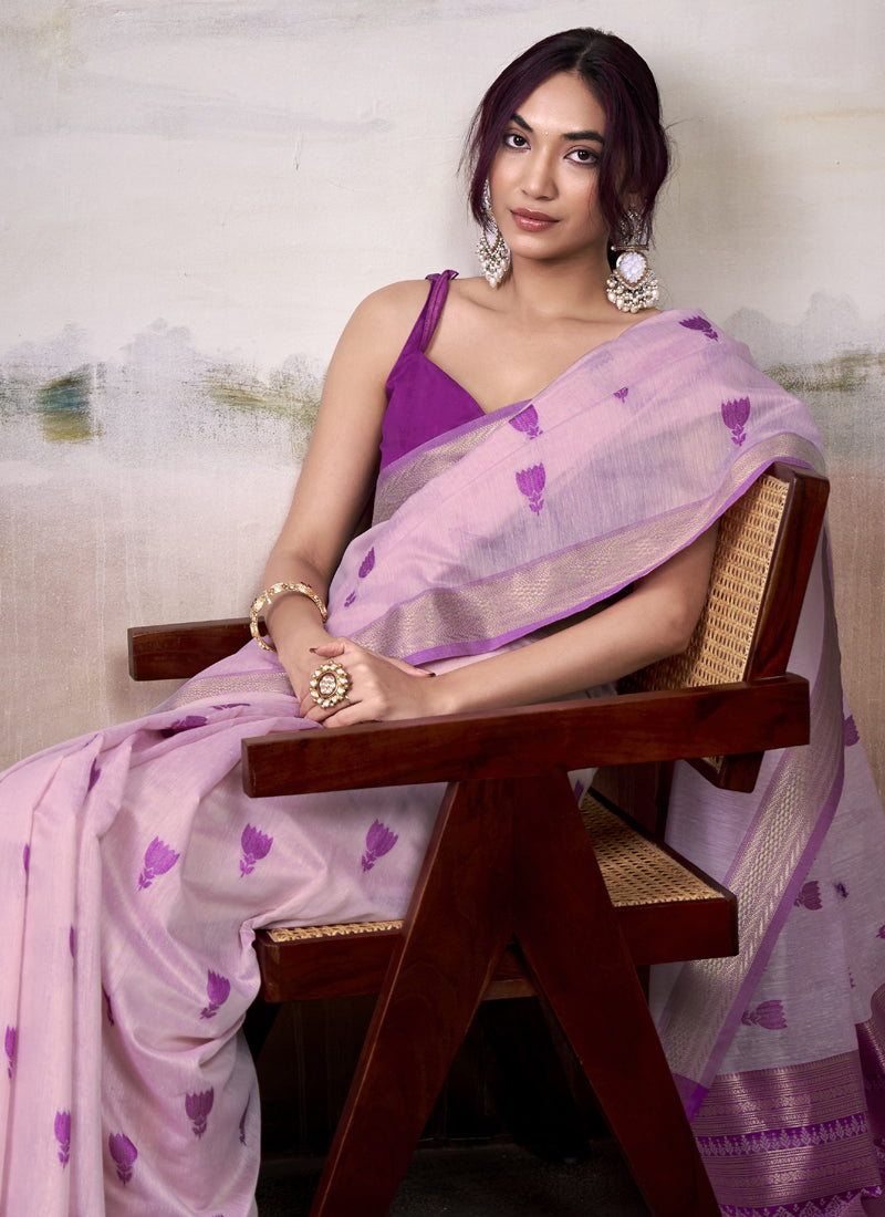 Light Pink & Purple Cotton Weaving Zari Border Casual Wear Saree
