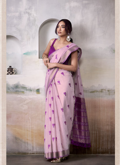 Light Pink & Purple Cotton Weaving Zari Border Casual Wear Saree