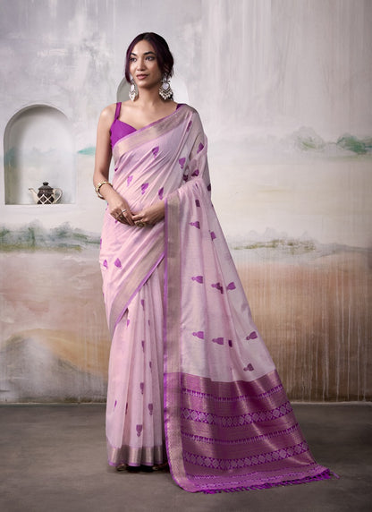 Light Pink & Purple Cotton Weaving Zari Border Casual Wear Saree