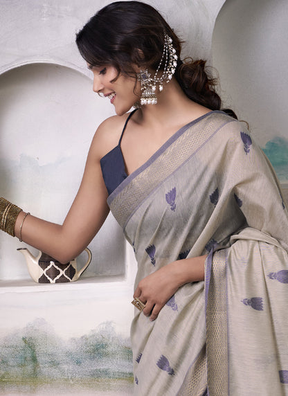 Beige & Navy Blue Cotton Weaving Zari Border Casual Wear Saree