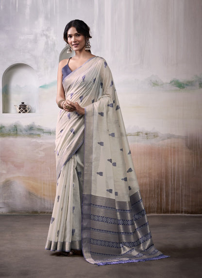 Beige & Navy Blue Cotton Weaving Zari Border Casual Wear Saree