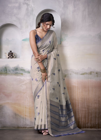 Beige & Navy Blue Cotton Weaving Zari Border Casual Wear Saree
