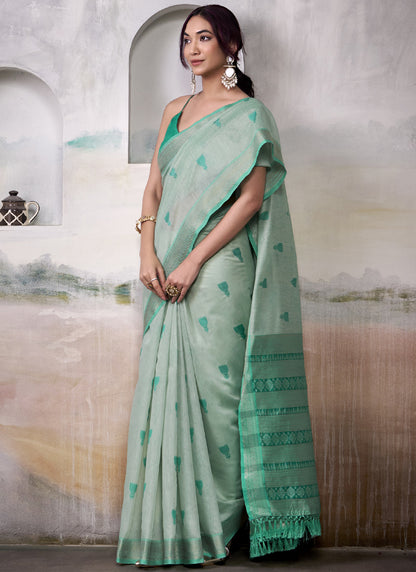 Light Turquoise  Cotton Weaving Zari Border Casual Wear Saree