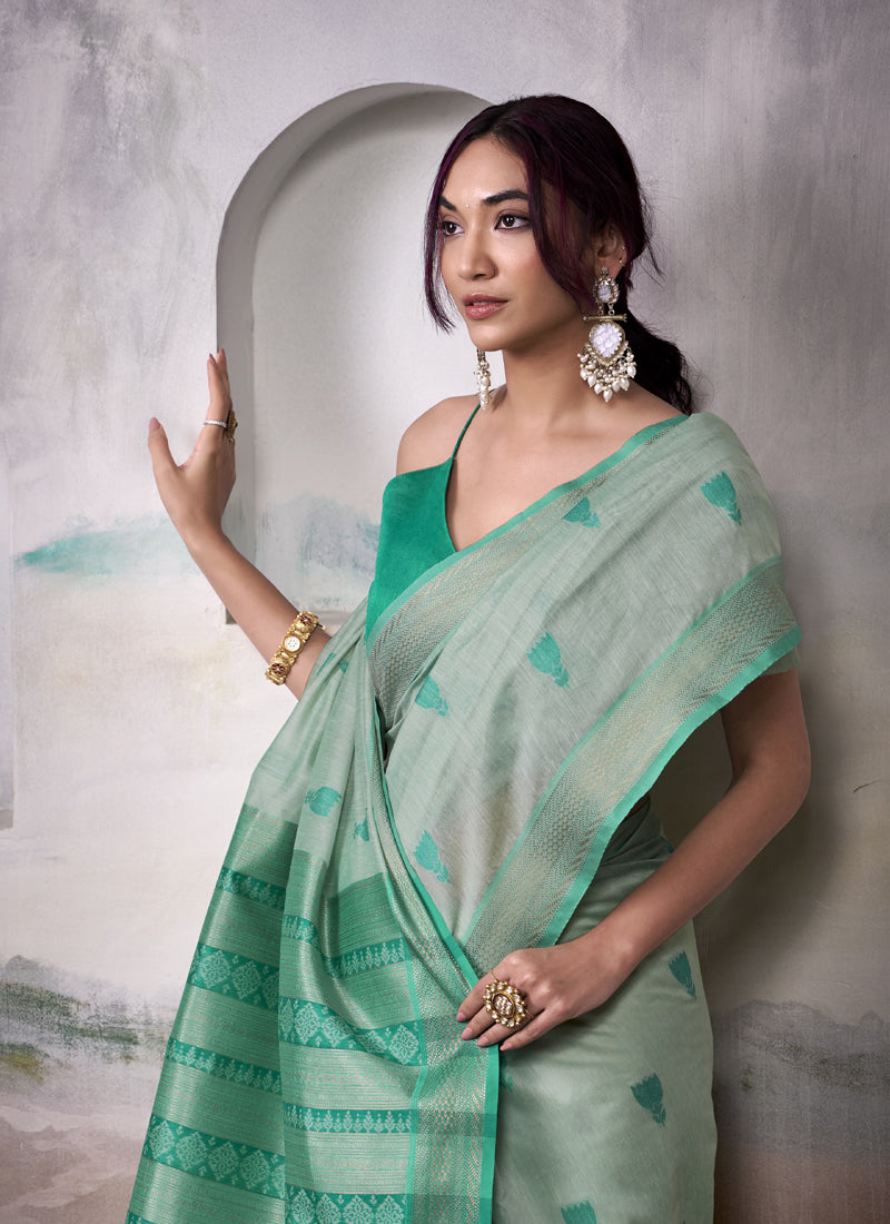 Light Turquoise  Cotton Weaving Zari Border Casual Wear Saree