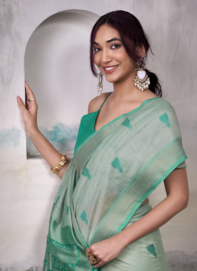 Light Turquoise Cotton Weaving Zari Border Casual Wear Saree