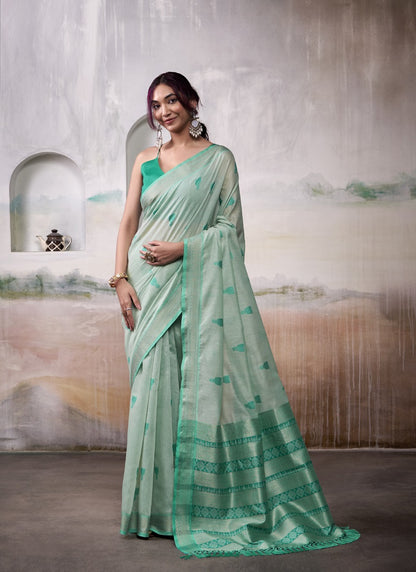 Light Turquoise Cotton Weaving Zari Border Casual Wear Saree