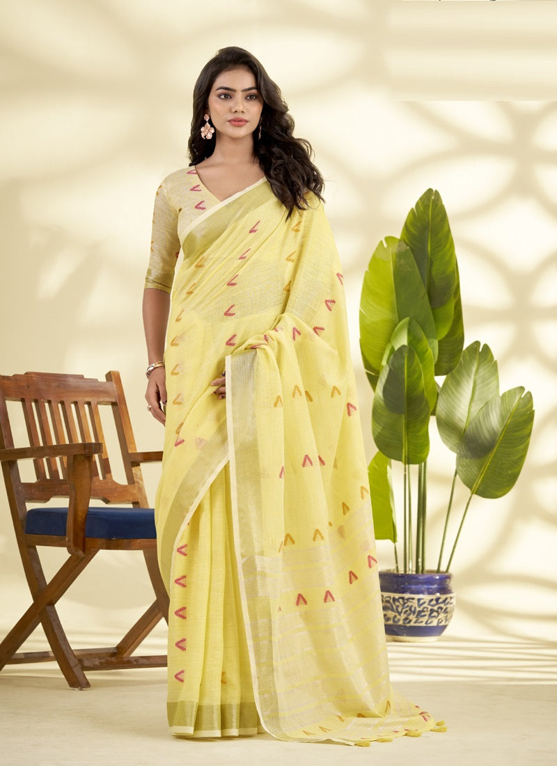 Lemon Linen Beautiful Tussle On Pallu Casual Wear Saree
