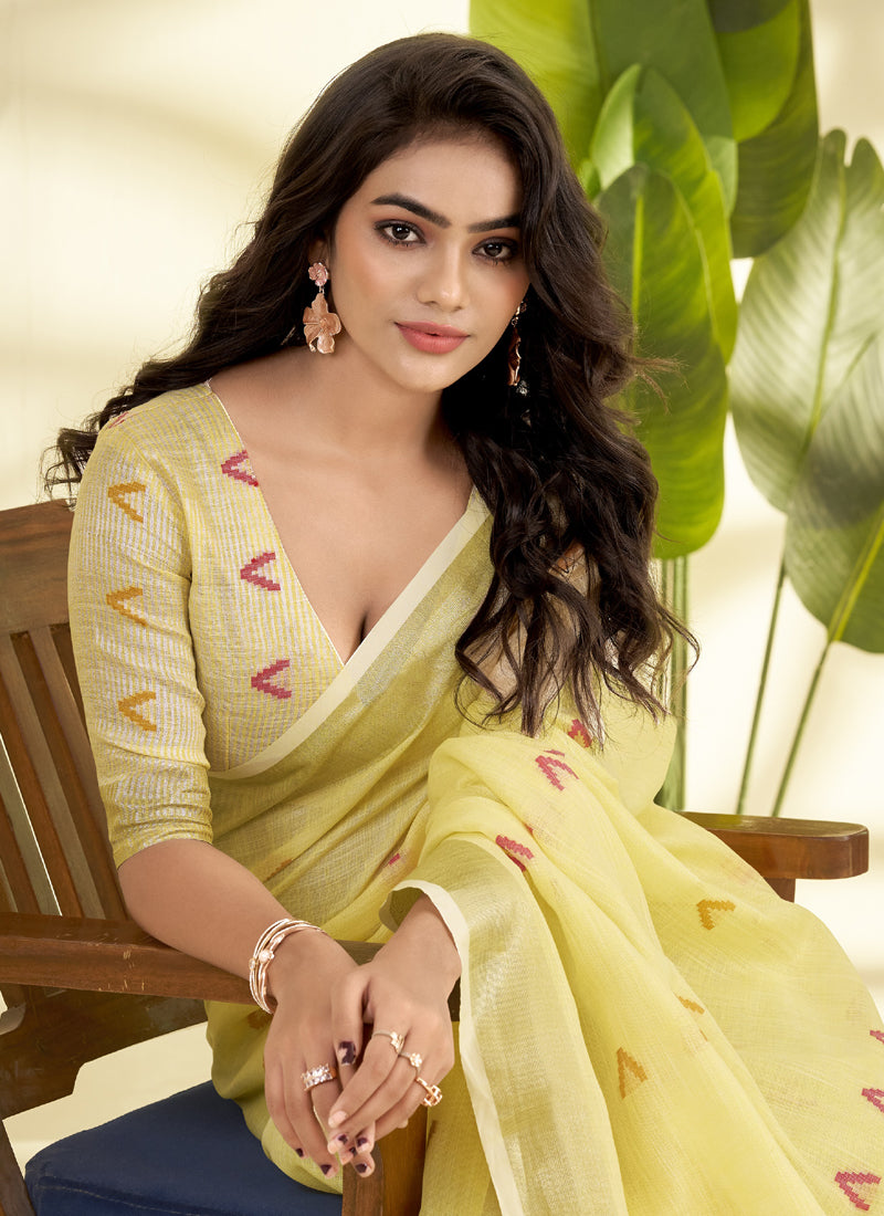 Lemon Linen Beautiful Tussle On Pallu Casual Wear Saree