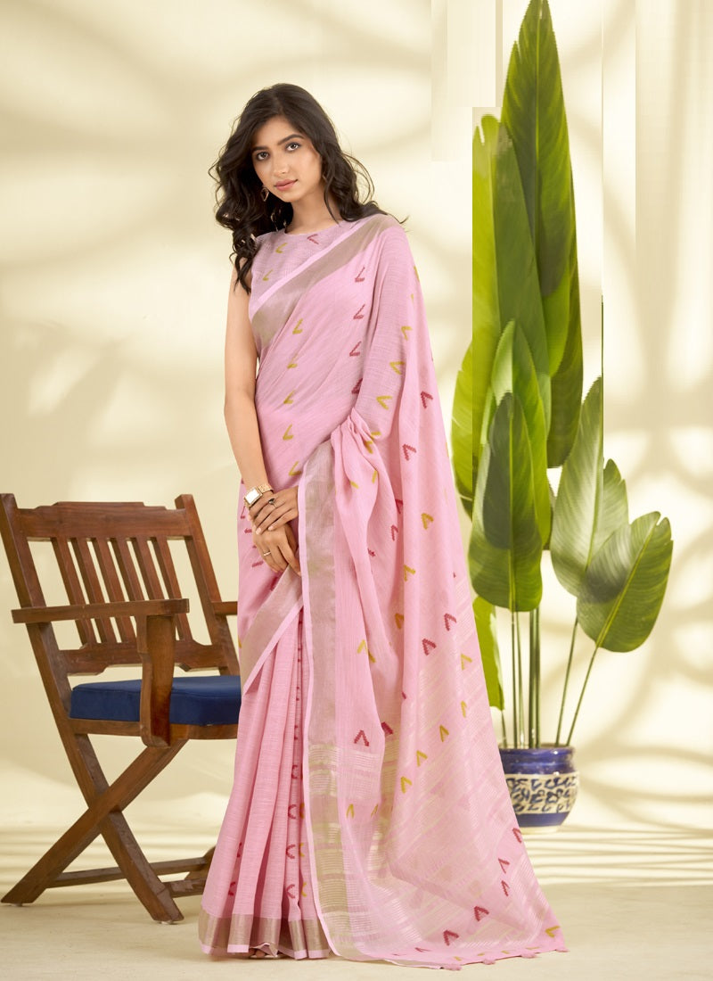 Baby Pink Linen Beautiful Tussle On Pallu Casual Wear Saree