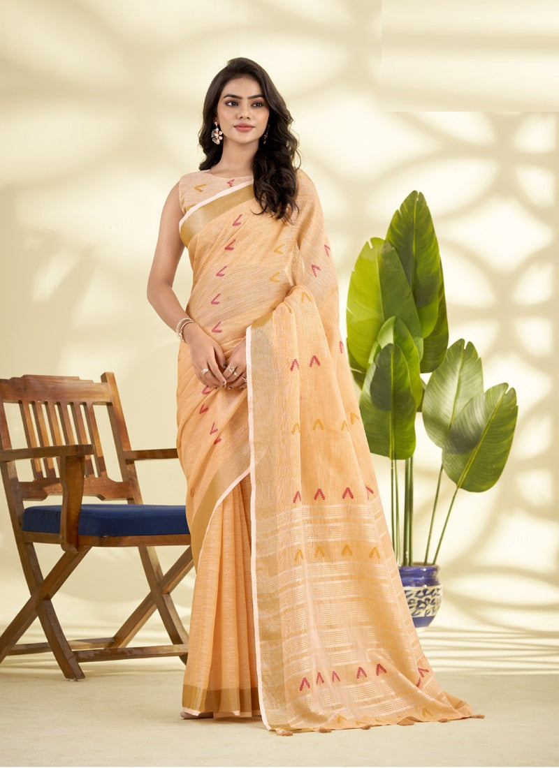 Orange Linen Beautiful Tussle On Pallu Casual Wear Saree