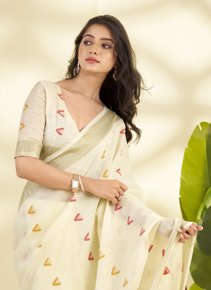 Off-White Linen Beautiful Tussle On Pallu Casual Wear Saree