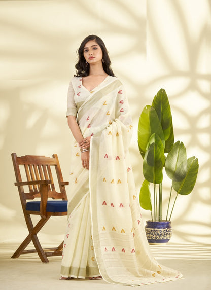 Off-White Linen Beautiful Tussle On Pallu Casual Wear Saree