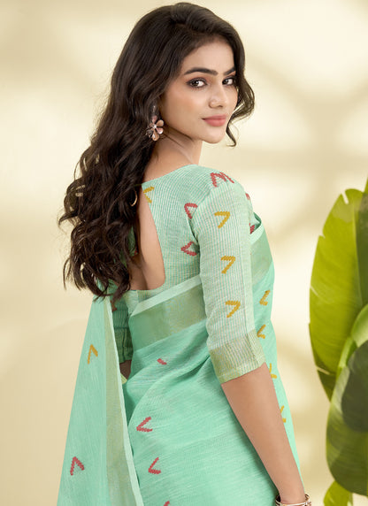 Turquoise  Linen Beautiful Tussle On Pallu Casual Wear Saree