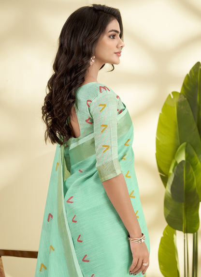 Turquoise  Linen Beautiful Tussle On Pallu Casual Wear Saree