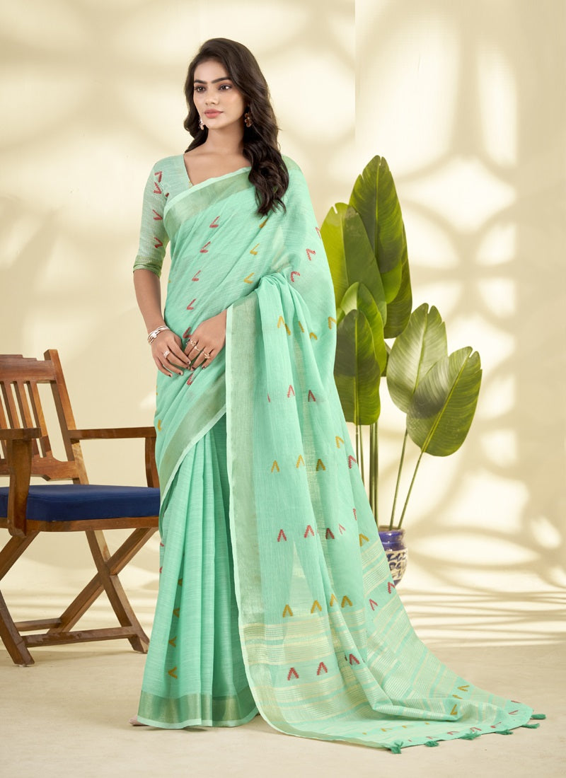 Turquoise  Linen Beautiful Tussle On Pallu Casual Wear Saree