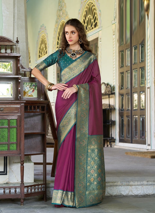 Wine & Peacock Blue Pure Soft Silk Zari Weaving  Traditional Wear Saree