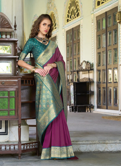 Wine & Peacock Blue Pure Soft Silk Zari Weaving  Traditional Wear Saree