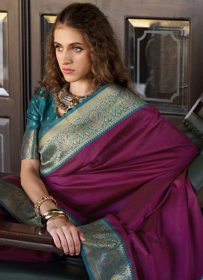 Wine & Peacock Blue Pure Soft Silk Zari Weaving  Traditional Wear Saree